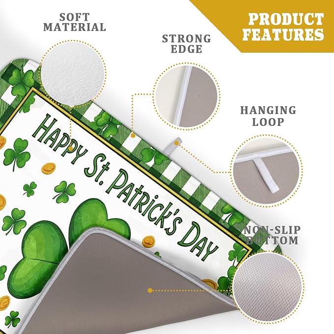 Happy St. Patrick's Day Green Dish Drying Mat 18 x 24 Inch With Absorbent Reversible Microfiber Lucky Clover Shamrock Buffalo Check Plaid Drying Spring Dish Drainer Mat Fast Dry For Kitchen