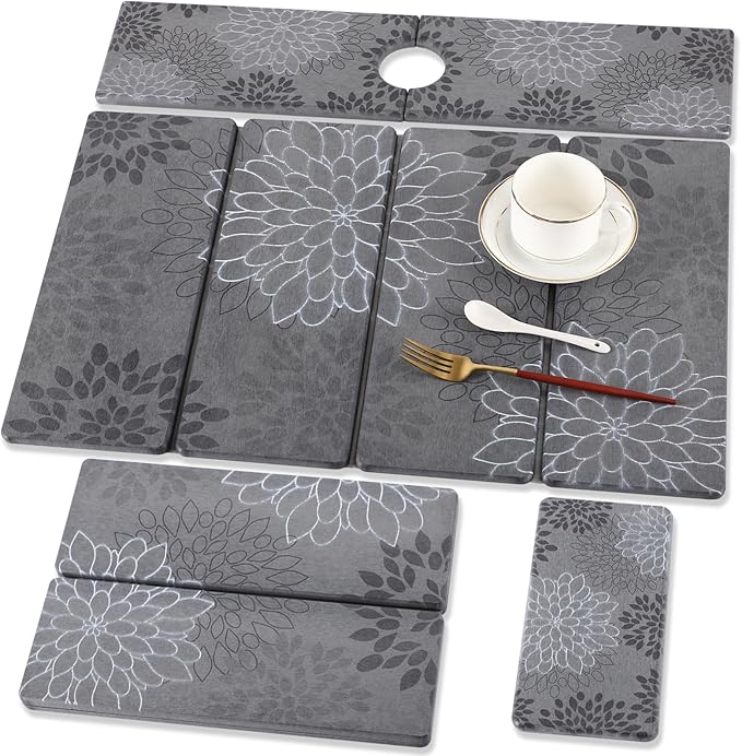 3 PCS Large Stone Dish Drying Mat for Kitchen Counter, Quick Dry Stone Dishes Mats Cup Coasters, Sink Faucet Mat, Water Absorbing Diatomaceous Earth Drying Pad for Countertop Tableware, Bottles