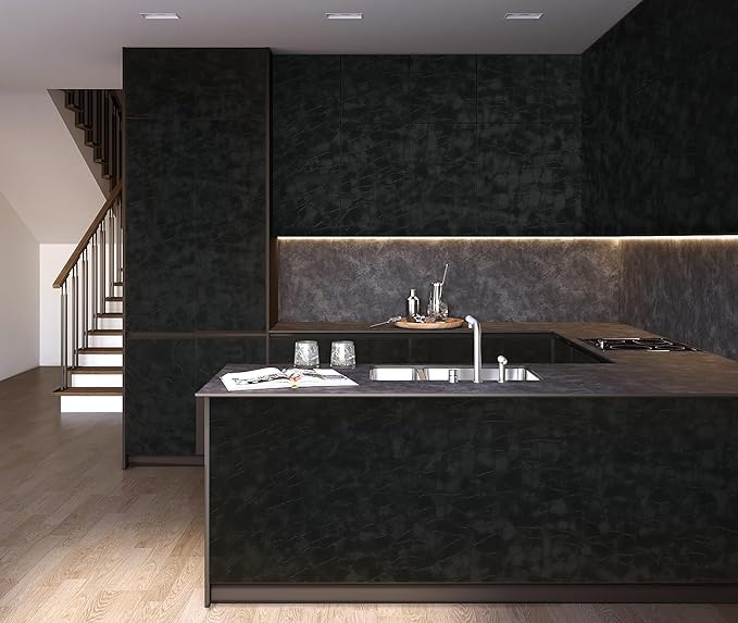 Yasinet Peel and Stick Wallpaper Black Removable Wallpaper Modern Black Contact Paper Dark Thicken Self Adhesive Textured Wall Paper for Cabinets Badroom Waterproof Vinyl 393.7"x 15.7"