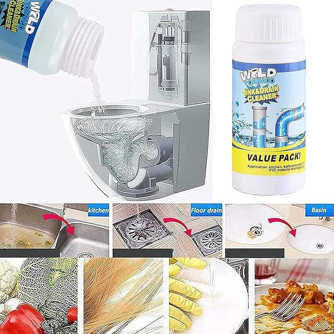 Powerful Sink and Drain Cleaner, Portable Powder Cleaning Tool for Kitchen Toilet Pipe, Unscented, Solid, Removes Clog, Eliminates Odor
