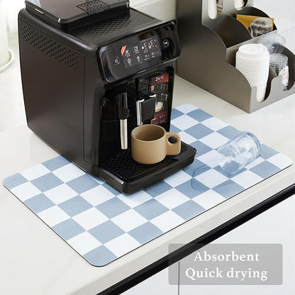 Ohocut Checkered Dish Drying Mat for Kitchen Counter, Coffee Bar, Coffee Station Accessories, Retro Cute Aesthetic Modern Absorbent Drainer Mat Kitchen Drying Mat Easy Clean, Blue 16" x 24"