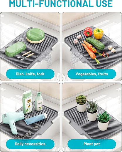 Dish Drying Mat Kitchen Counter - Silicone Dish Drying Pad with Built-in Drain for Sink, Refrigerator and Drawer Liner, Easy Clean, Non-Slip, Heat Resistant, 14.8" x 10.7"