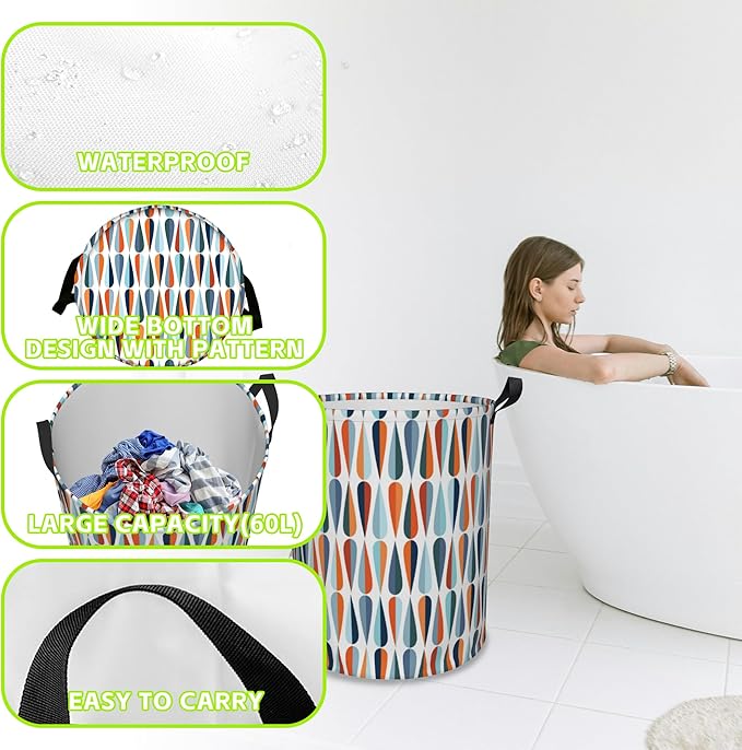 Mid-Century Modern Laundry Basket Foldable Laundry Hamper Waterproof Oxford Cloth Large Laundry Basket Clothes Storage Bucket Toy Organizer For Bathroom, Laundry, College 17.3 x16.5 Inch