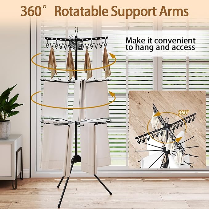 COSTWAY 3-Tier Clothes Drying Rack, Foldable Garment with 32 Hanging Rods & 24 Clips, 360° Rotatable Arms & Detachable Clip Rack, Collapsible Tripod Drying Rack for Laundry Room & Balcony, Black
