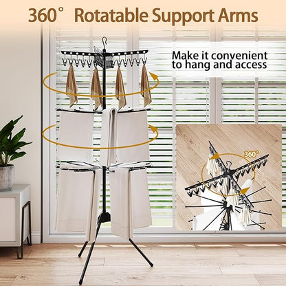 COSTWAY 3-Tier Clothes Drying Rack, Foldable Garment with 32 Hanging Rods & 24 Clips, 360° Rotatable Arms & Detachable Clip Rack, Collapsible Tripod Drying Rack for Laundry Room & Balcony, Black