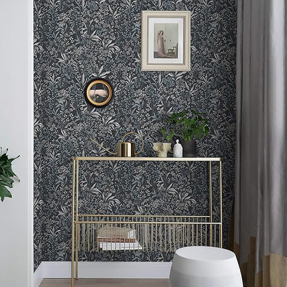 Heroad Blue Peel and Stick Wallpaper Boho Floral Contact Paper 17.3''x78.7'' Dark Blue Wall Paper Removable Self Adhesive Wallpaper for Cabinets Bedroom Bathroom Waterproof Decoration Vinyl Roll