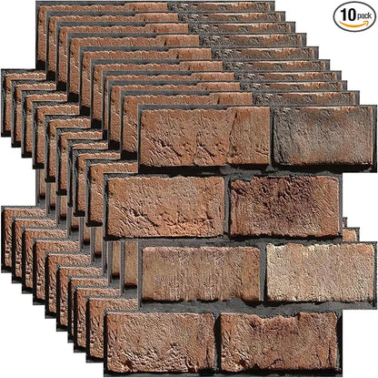 3D Brick Wall Panels Peel and Stick,10 Pack Self-Adhesive PVC Wall Tiles, Waterproof Textured Decor for Living Room, Kitchen, Bedroom, Office Accent (4Lines Seamless Brown Stone)