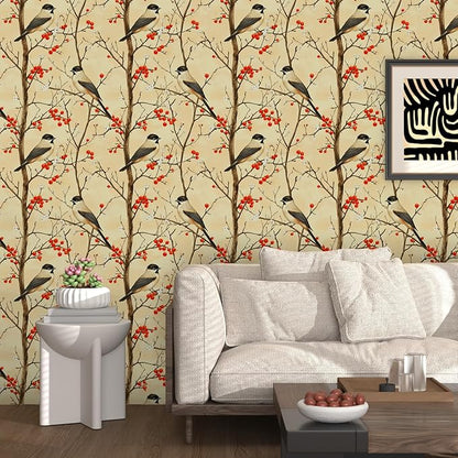 Vintage Bird Wallpaper Peel and Stick, Yellow/Red Botanical Fruits Contact Paper, Retro Floral Wall Paper Self Adhesive Removable Waterproof for Bedroom Walls Shelves Cabinet Drawer Table 17.5" x 118"