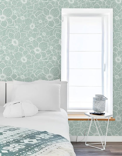 Guvana Peel and Stick Wallpaper Floral Wall Paper Boho Grayish Green and White Removable Self Adhesive Wallpaper for Bedroom Bathroom Contact Papaer for Cabinet Waterproof Vinyl Roll 17.3"×197"