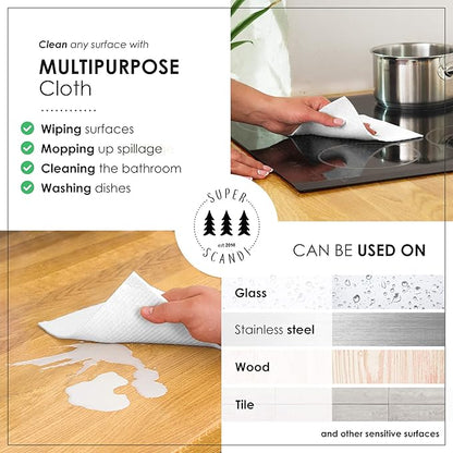 SUPERSCANDI 10 Pack Swedish Dishcloths for Kitchen - 100% Biodegradable & Compostable Reusable Paper Towels Washable, Food-Safe & Without Plastic - Dish Rags Suitable for Any Surface, White