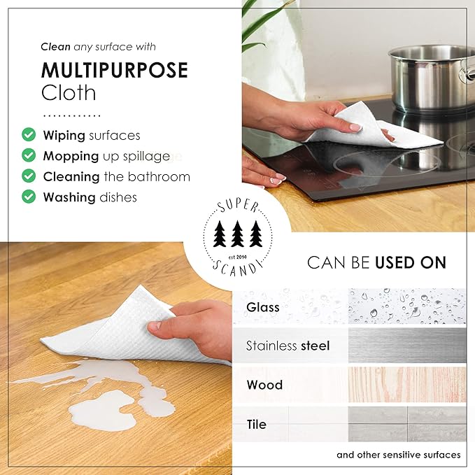 SUPERSCANDI 5 Pack Swedish Dishcloths for Kitchen - 100% Biodegradable & Compostable Reusable Paper Towels Washable, Food-Safe & Without Plastic - Dish Rags for Any Surface, Line Knitting Black