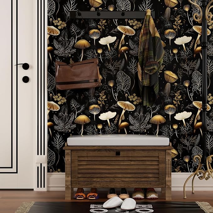 Laatse Boho Wallpaper Peel and Stick Dark Floral Contact Paper 17.5" x 197" Vinyl Self Adhesive Vintage Mushrooms Wall Mural Leaf Wall Paper for Room Countertop Drawer Decor(Golden,Black)