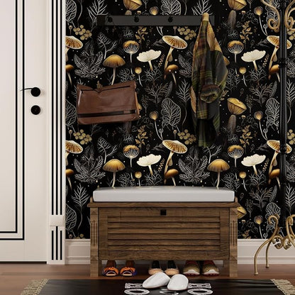 Laatse Boho Wallpaper Peel and Stick Dark Floral Contact Paper 17.5" x 197" Vinyl Self Adhesive Vintage Mushrooms Wall Mural Leaf Wall Paper for Room Countertop Drawer Decor(Golden,Black)
