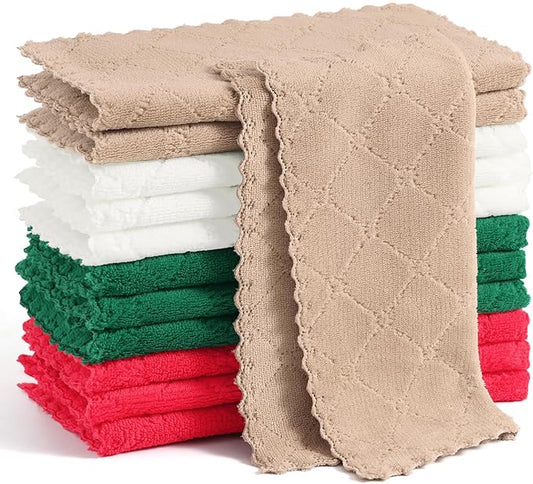 Homaxy 12 Pack Kitchen Dish Cloths, Super Soft and Absorbent Coral Velvet Dish Towels, Nonstick Oil Fast Drying Microfiber Cleaning Cloth, 10 x 10 inches, Dark Green/Tan/Red/White