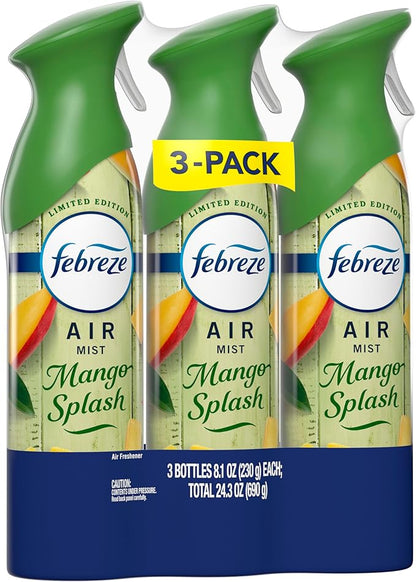 Febreze Air Mist, Air Freshener Spray, Odor Fighting Room Spray, Deodorizer for Home Bathroom Kitchen Office Apartment Dorm Room Classroom, Mango Splash Scent, 8.1oz (Pack of 3)