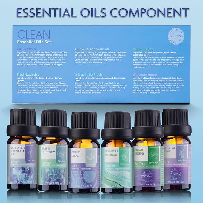 Wecona Essential Oils for Laundry - 100% Pure Essential Oils for Diffusers for Home,6x10ml(Clean)- Aromatherapy Oils for Humidifiers,Wool Dryer Balls,Clean Linen