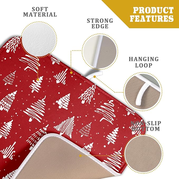 Christmas Dish Drying Mat 16 x 18 Inch With Absorbent Reversible Microfiber Red Xmas Tree Snowflake Drying Mats Winter Holiday Dish Drainer Mat Fast Dry For Kitchen Dining Room Decoration