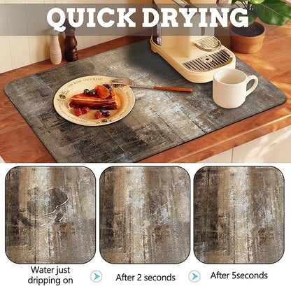 MCALK Dark Brown Coffee Mat for Kitchen Counter, Tan Dish Drying Pad with Anti-Slip Rubber Base, Absorbent Kitchen Sink Mat with Abstract Art Decor, Dark Brown 12"x20"