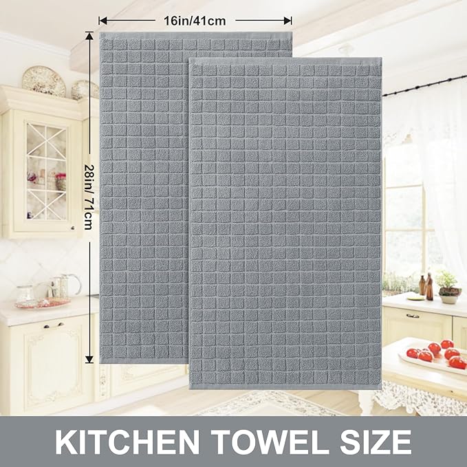 Homaxy Premium Cotton Kitchen Towels 16"x 28", Large Natural Ring Spun 390 GSM Dish Towels, Super Absorbent Terry Kitchen Hand Towels, Soft Tea Towels with Hanging Loop, Pure Grey Design, 12 Pack