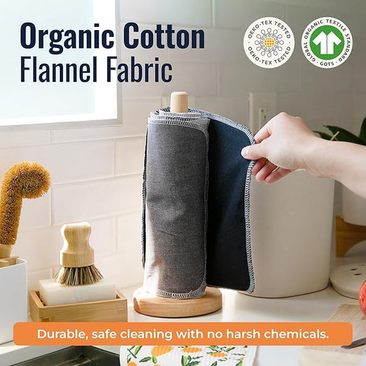 Zero Waste Reusable Paper Towels, Organic Cotton Flannel Wipes for Kitchen, Bathroom, Hand Drying, Pet Messes, and Counter Cleaning, Grey Tones, 24-Pack Gift Set