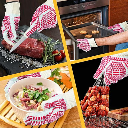 BBQ Gloves, Oven Gloves Extreme Heat & Cut Resistant Oven Mitts with Fingers for BBQ, Cooking, Grilling, Baking Grilling Gloves Silicone Non-Slip Oven Mitts, Kitchen Gloves (red)