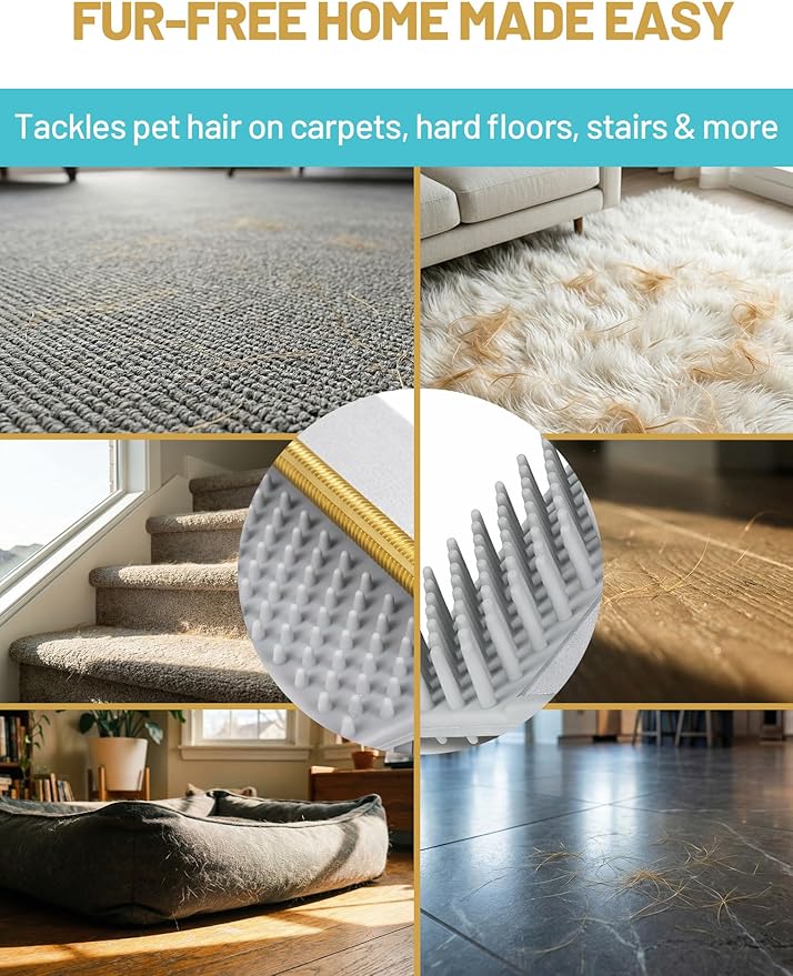Carpet Rake for Pet Hair Removal: DELOMO Carpet Broom Scraper with 54” Adjustable Long Handle, Dual-Sided, Metal + Short Silicone for Carpets & Rugs, Extended Silicone for Shag Rugs & Hard Floors