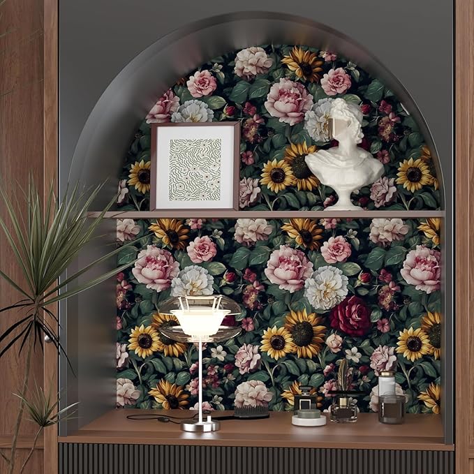 Extra Long Dark Green Leaf Floral Wallpaper 17.5In x 393In, Vintage Flower Garden Botanical Removable Wallpapers Self-Adhesive Contact Paper for Bedroom Cabinet, Accent Wall Decor Hunter Green