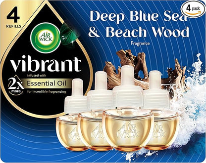 Air Wick Vibrant Scented Oils Plug In Scented Oil Refill, Infused with Essential Oils, Plug In Air Fresheners for Home, Blue Sea & Beach Wood, 4 ct