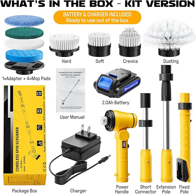 Electric Spin Scrubber Kit with 2.0Ah Battery and Charger, Ecarke 1100RPM Cordless Cleaning Brush 4-Stage Handle, 8 Cleaning Heads for Bathroom/Floor/Tub/Tile, 2 Speeds (680-1100 RPM)