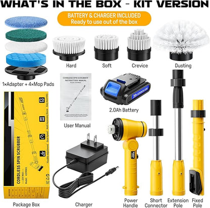 Electric Spin Scrubber Kit with 2.0Ah Battery and Charger, Ecarke 1100RPM Cordless Cleaning Brush 4-Stage Handle, 8 Cleaning Heads for Bathroom/Floor/Tub/Tile, 2 Speeds (680-1100 RPM)