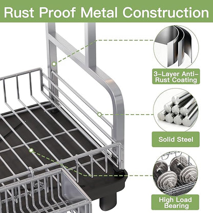 romision 2 Tier Compact Stainless Steel Dish Drainers Drying Rack for Kitchen Counter, Space Saving, Rust Proof Plate Strainers Holder On Countertop with Drainboard, Modern Gray, Small