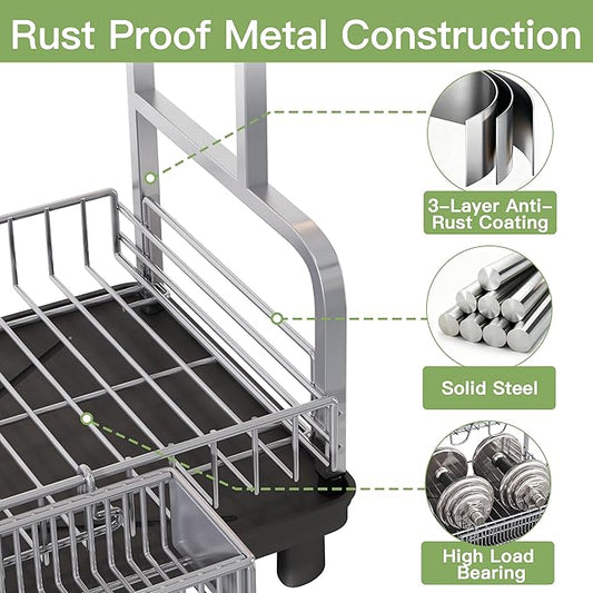 romision 2 Tier Compact Stainless Steel Dish Drainers Drying Rack for Kitchen Counter, Space Saving, Rust Proof Plate Strainers Holder On Countertop with Drainboard, Modern Gray, Small