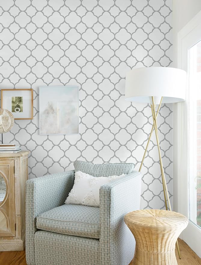 GloryTik Grey and White Peel and Stick Wallpaper Modern Trellis Contact Paper Removable Self Adhesive Geometric Waterproof Wall Paper for Bathroom Cabinets Living Room Wall Decor Vinyl Roll 17.7"ｘ118"