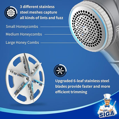 MR.SIGA Fabric Shaver and Lint Remover, Battery Operated Portable Lint Shaver with LED Lights, 2 Replaceable 6-Leaf Blades, Cream/Gray
