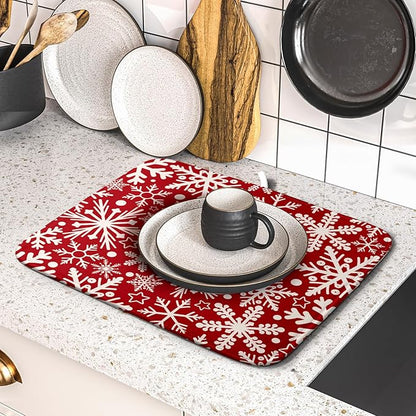 Christmas Dish Drying Mat for Kitchen Counter 16x18 Dark Red Snowflake Winter Xmas Holiday Absorbent Reversible Microfiber Drying Mats Kitchen Countertop Protector Dishes Drainer Pad