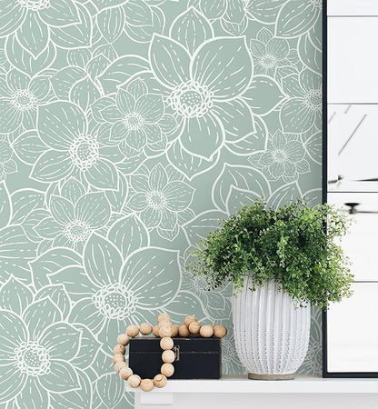 Guvana Peel and Stick Wallpaper Floral Wall Paper Boho Grayish Green and White Removable Self Adhesive Wallpaper for Bedroom Bathroom Contact Papaer for Cabinet Waterproof Vinyl Roll 17.3"×197"