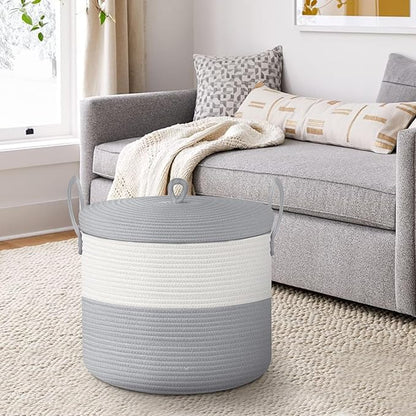 18" X 14" Large Wicker Basket with Lid, Blanket Basket Living Room, Woven Cotton Rope Storage Bin, Kids Dog Toy Storage Bin Box, Tall Laundry Hamper, Blankets Pillows Organizer Holder
