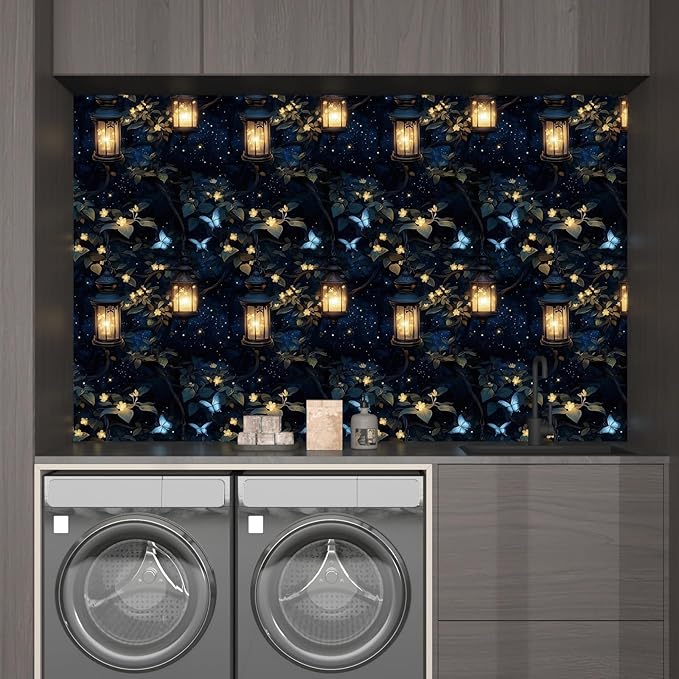 Dark Wallpaper Peel and Stick Night Forest Contact Paper Vintage Green Leaf Wall Paper Vinyl Waterproof Self Adhesive Retro Lantern Butterfly Walls Mural for Bedroom Cabinet Table Décor17.5" x 118"