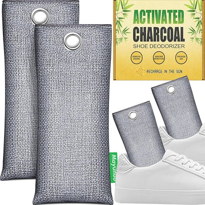 Activated Charcoal Odor Absorber for Strong Odor, Natural Shoe Deodorizer. Sneaker Odor Eliminator, 2 Pack Bamboo Charcoal Air Purifying Bags, Odor Remover Moisture Absorbers for Shoes