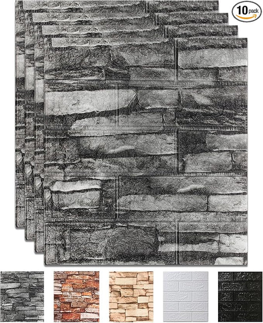 10 Pack 3D Wall Panels Peel and Stick, Waterproof Foam Stone 3D Wallpaper, Self Adhesive Foam Wallpaper for Bedroom Bathroom Kitchen (13.7 * 15.1in)
