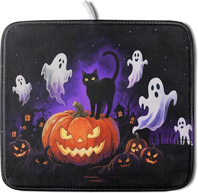 Halloween Ghost Pumpkin Dish Drying Mat for Kitchen Counter 16x18 Black Cat Holiday Scary Theme Absorbent Reversible Microfiber Drying Mats Kitchen Countertop Protector Dishes Drainer Pad