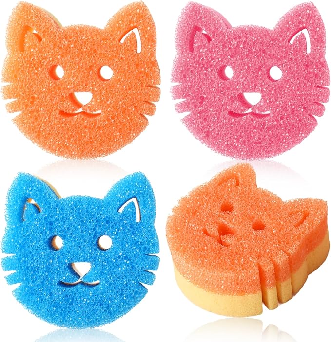 6 Pack Cute Cat Dish Sponge, Dual-Sided Cleaning Reusable Scrubbing Sponges for Dishes, Cat Kitchen Accessories Dishwashing Sponge Scrubbers Kitchen Things Car Wash Sponges Non Scratch