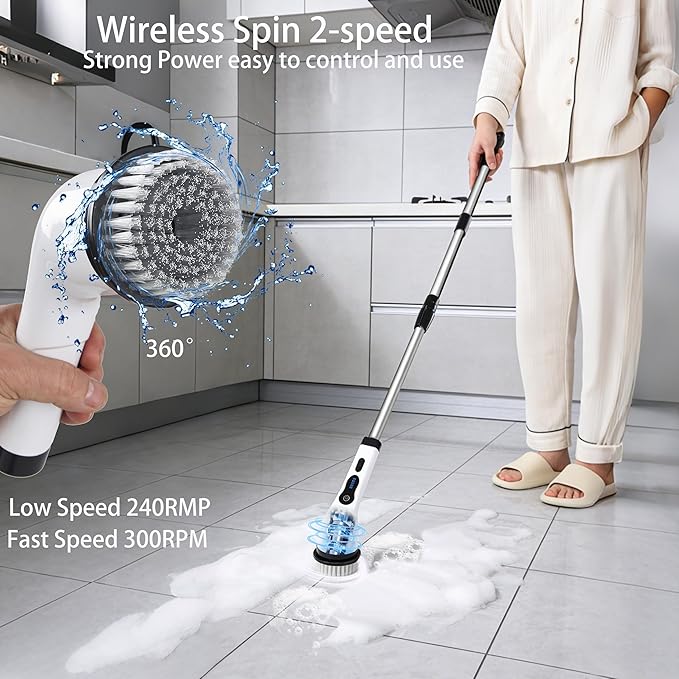 Electric Spin Scrubber Cordless Power Cleaning Brush with 8 Brush Heads Extendable Handle 3 Adjustable Size 2 Speeds IPX7 Waterproof for Bathroom and Kitchen
