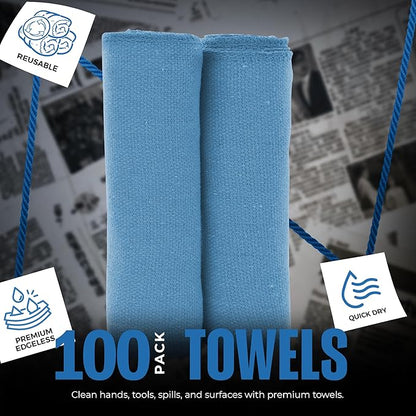 Utopia Towels Cotton Shop Towels 12x14 Inch, 100 Pack Soft, Absorbent Reusable Cotton Rags, Durable and Multipurpose Cleaning Shop Towel for Auto, Garage, Bar, & Home Cleaning (Blue)