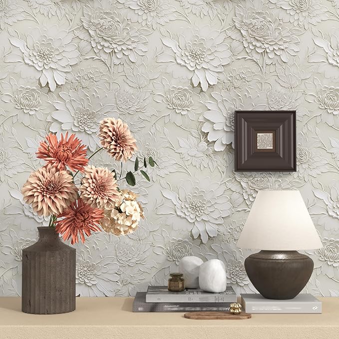 Beige Faux 3D Floral Peel and Stick Wallpaper Large Roll 17.5"x314" Removable Vintage Embossed Flower Contact Paper Waterproof Self Adhesive Wall Decor for Bedroom Living Room Cabinet Liner