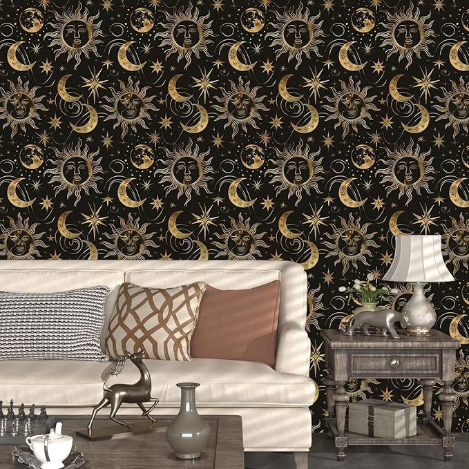 Laatse Black Peel and Stick Removable Vintage Wallpaper Gold Celestial Sun Moon Star Contact Paper 17.5" x 393" Dark Boho Mural Waterproof for Wall Bedroom Kitchen Bathroom Cabinet Room Decor