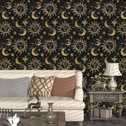 Laatse Black Peel and Stick Removable Vintage Wallpaper Gold Celestial Sun Moon Star Contact Paper 17.5" x 393" Dark Boho Mural Waterproof for Wall Bedroom Kitchen Bathroom Cabinet Room Decor
