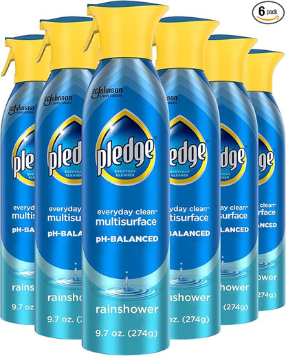 Pledge pH-Balanced Multisurface Spray, Gently Clean 101 Surfaces, Remove Dust and Messes, No Residue - Rainshower Scent, 9.7oz (Pack of 12)