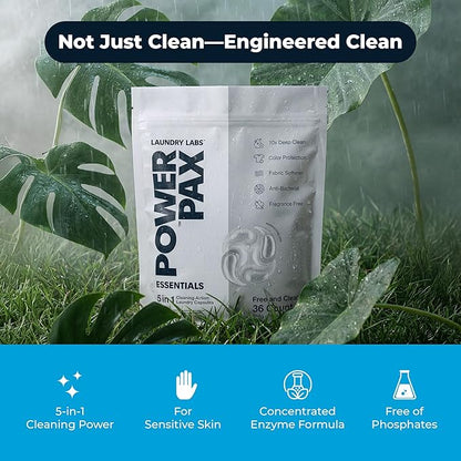 PowerPax 5-in-1 Laundry Detergent Pods, 36 Count Concentrated Enzyme Clean pods for Stain Removal, Odor Control, Fabric Softening & Color Care, Free & Clear