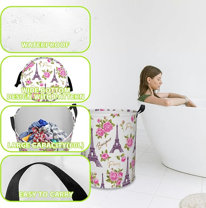 Laundry Basket Romantic Vintage Eiffel Tower Laundry Hamper Large Laundry Basket Storage Basket Tote Bag Collapsible Organizer Basket for Bathroom,Laundry,Bedroom 17.3 x16.5 Inch